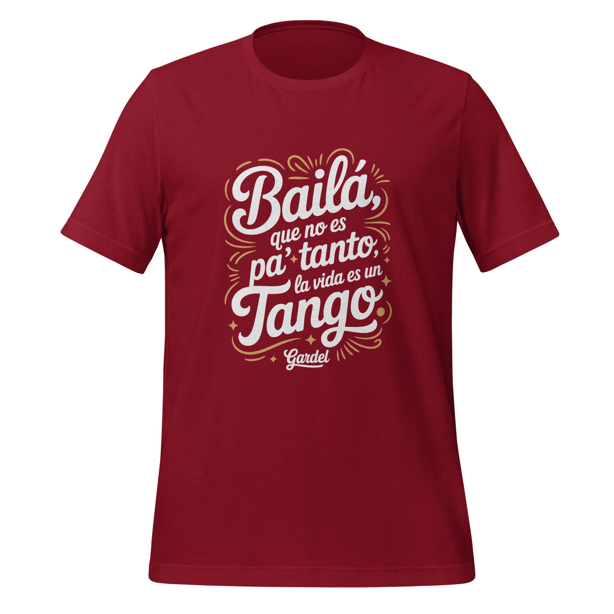 Red t-shirt with white and yellow text on a white background