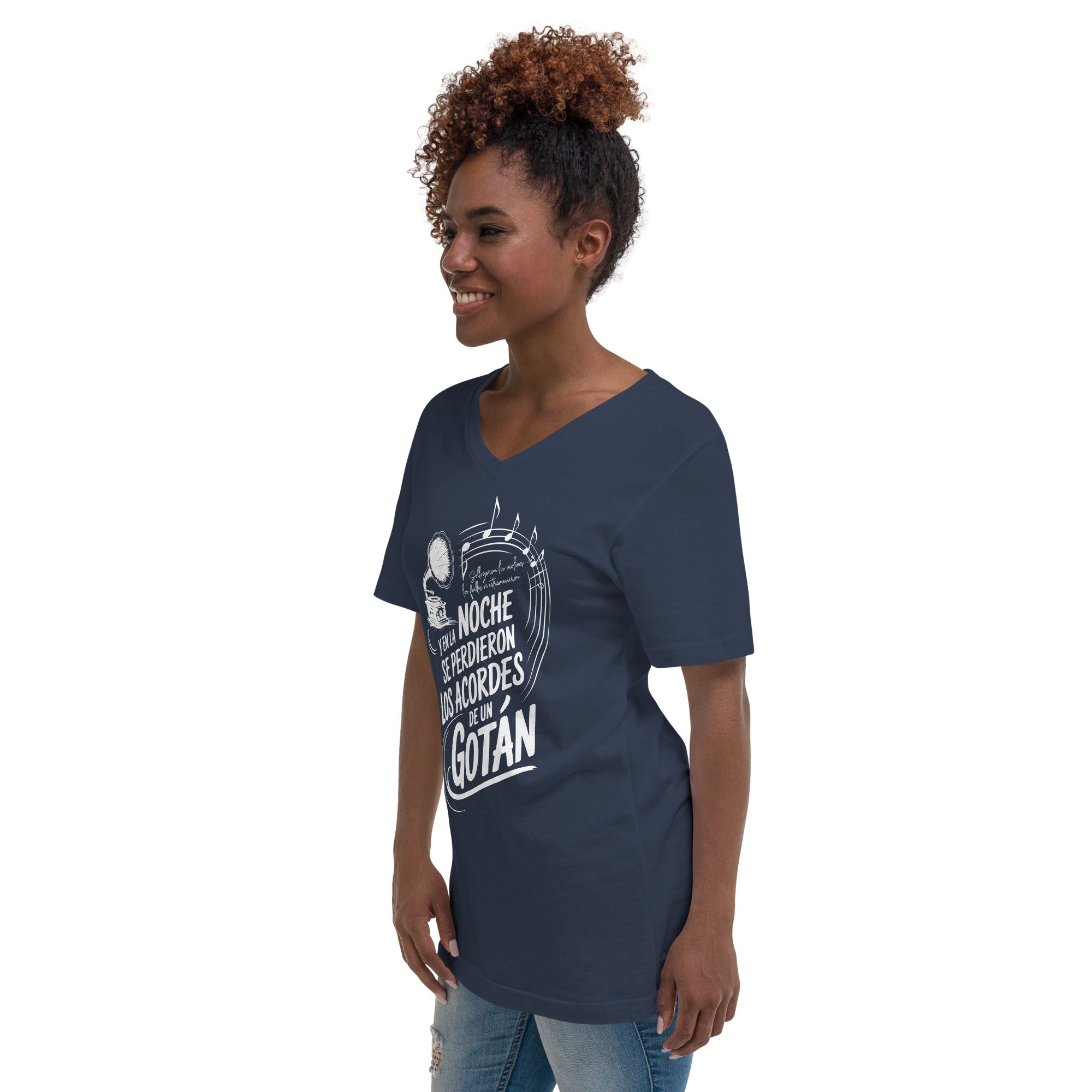 Woman wearing a navy blue t-shirt with white text and graphic on a white background