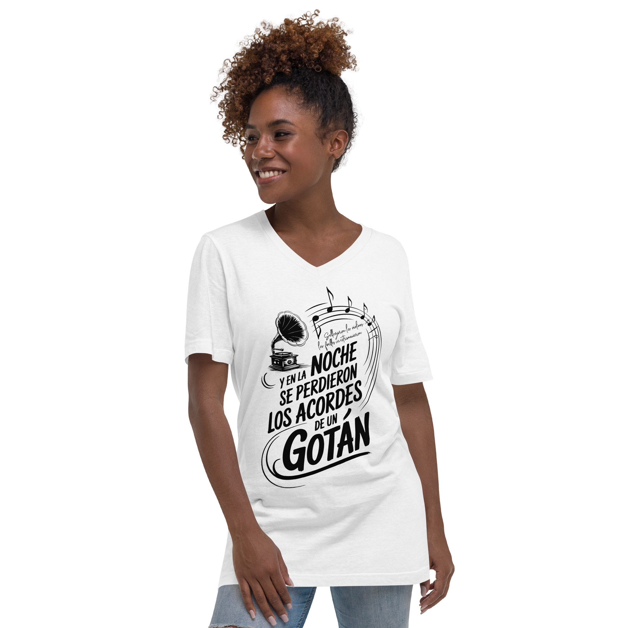 Woman wearing a white t-shirt with black text and graphics on a white background
