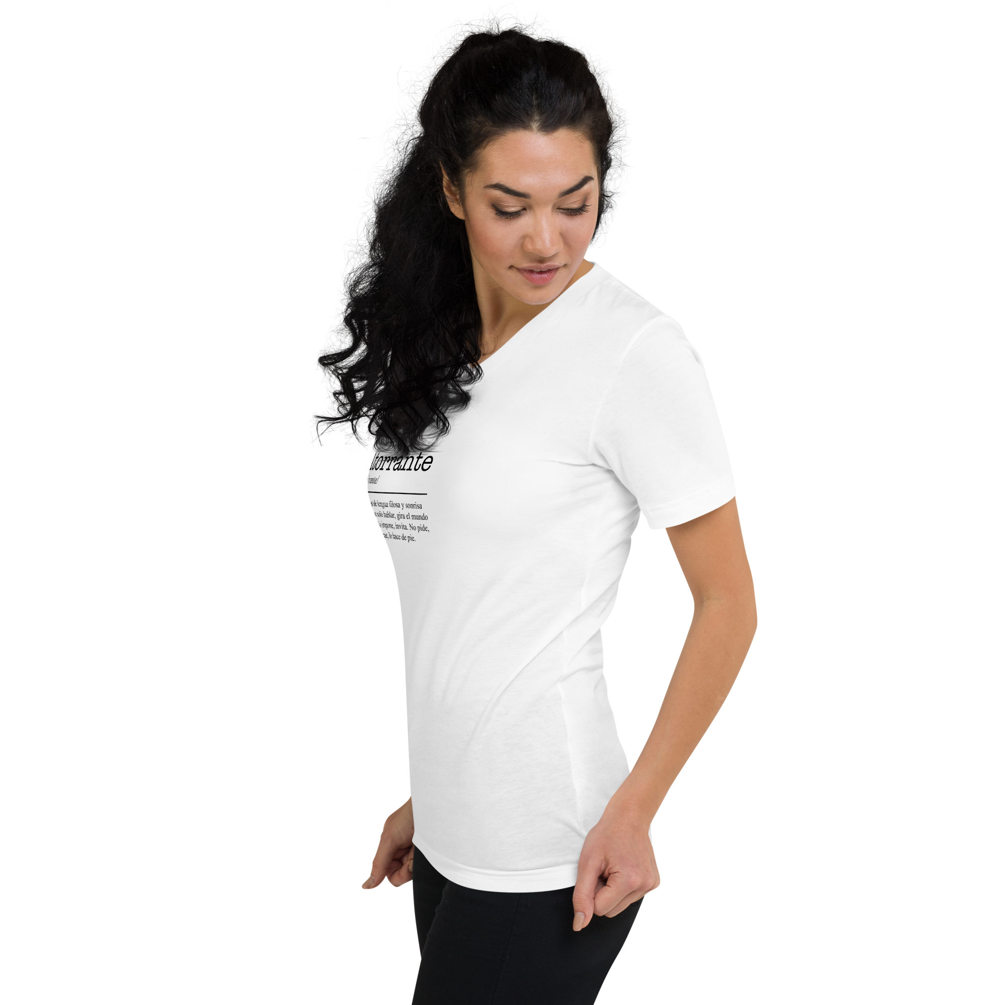 Woman wearing a white t-shirt with text on a white background