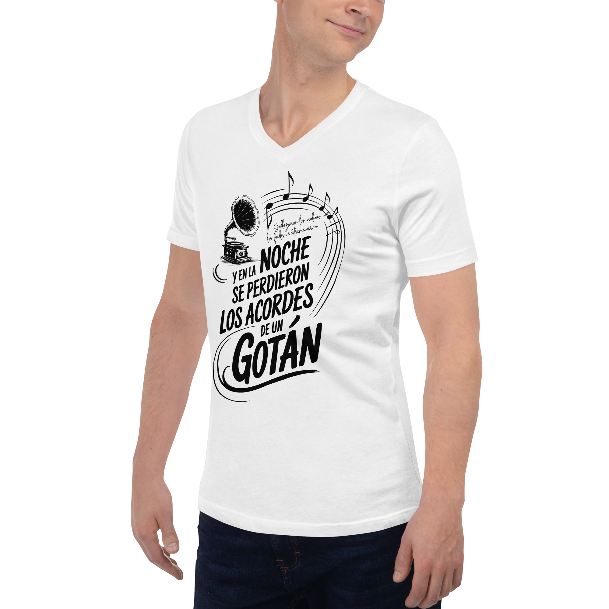 Man wearing a white t-shirt with black text and graphics on a white background
