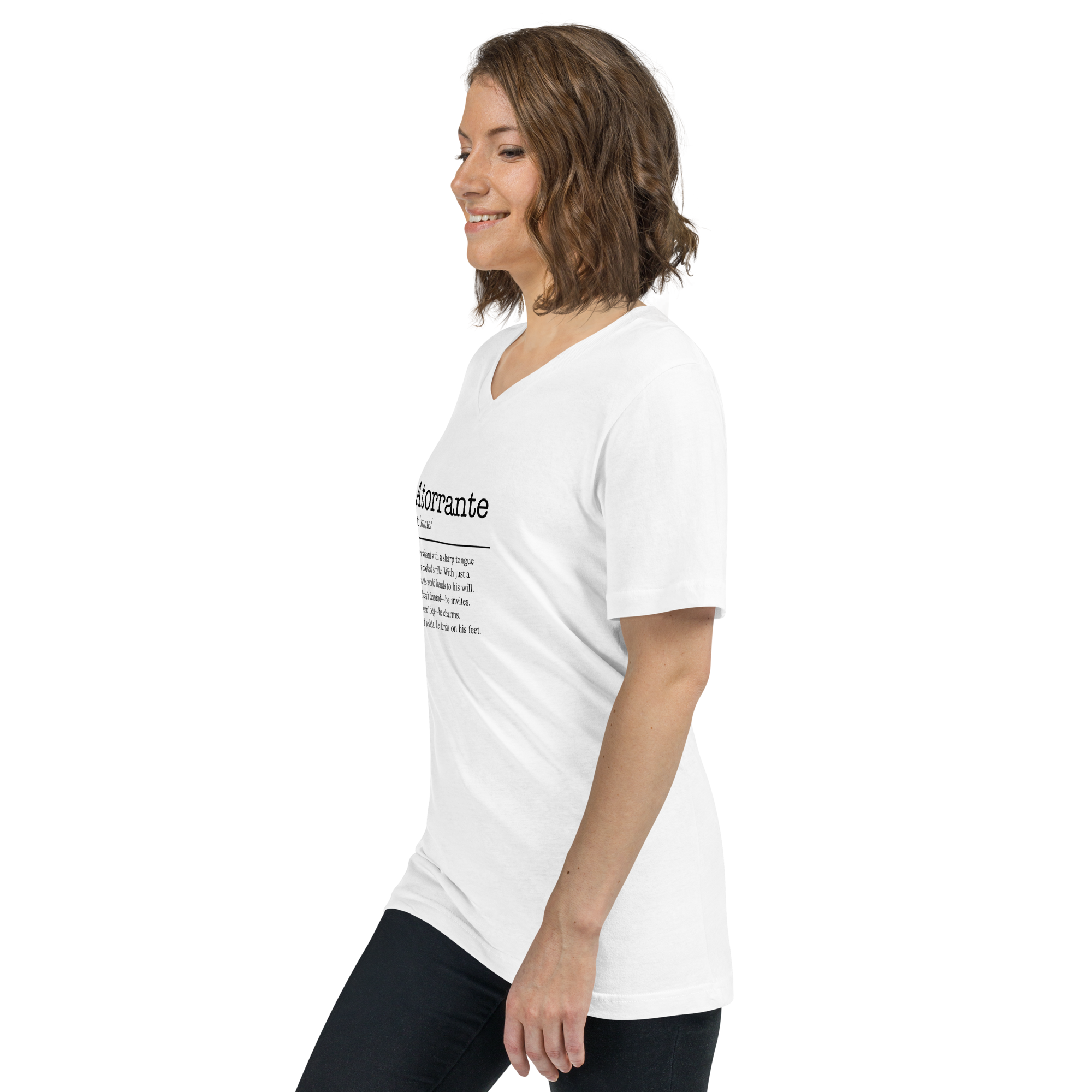 Unisex white v-neck t-shirt left front view