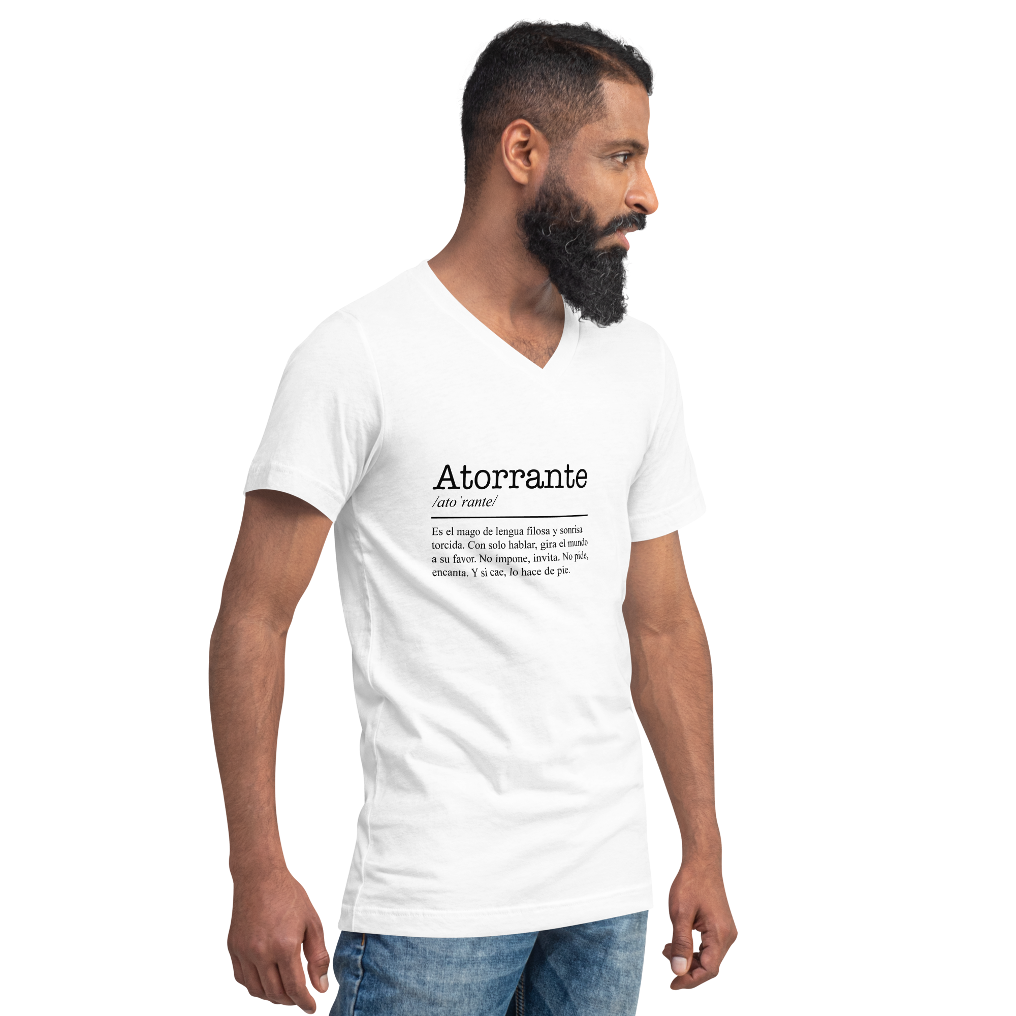 Man wearing a white t-shirt with text on a white background