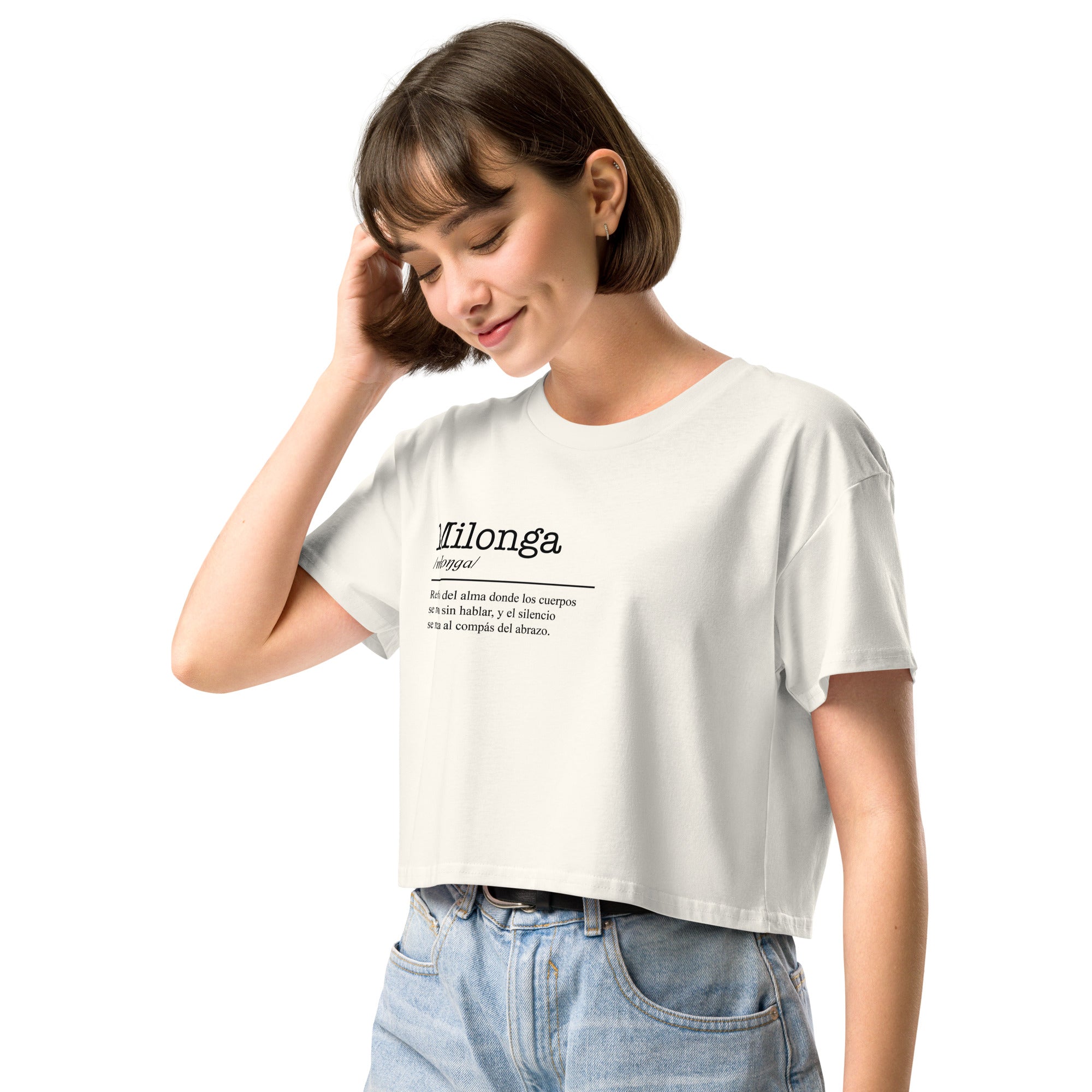 Woman wearing a white t-shirt with text on a white background