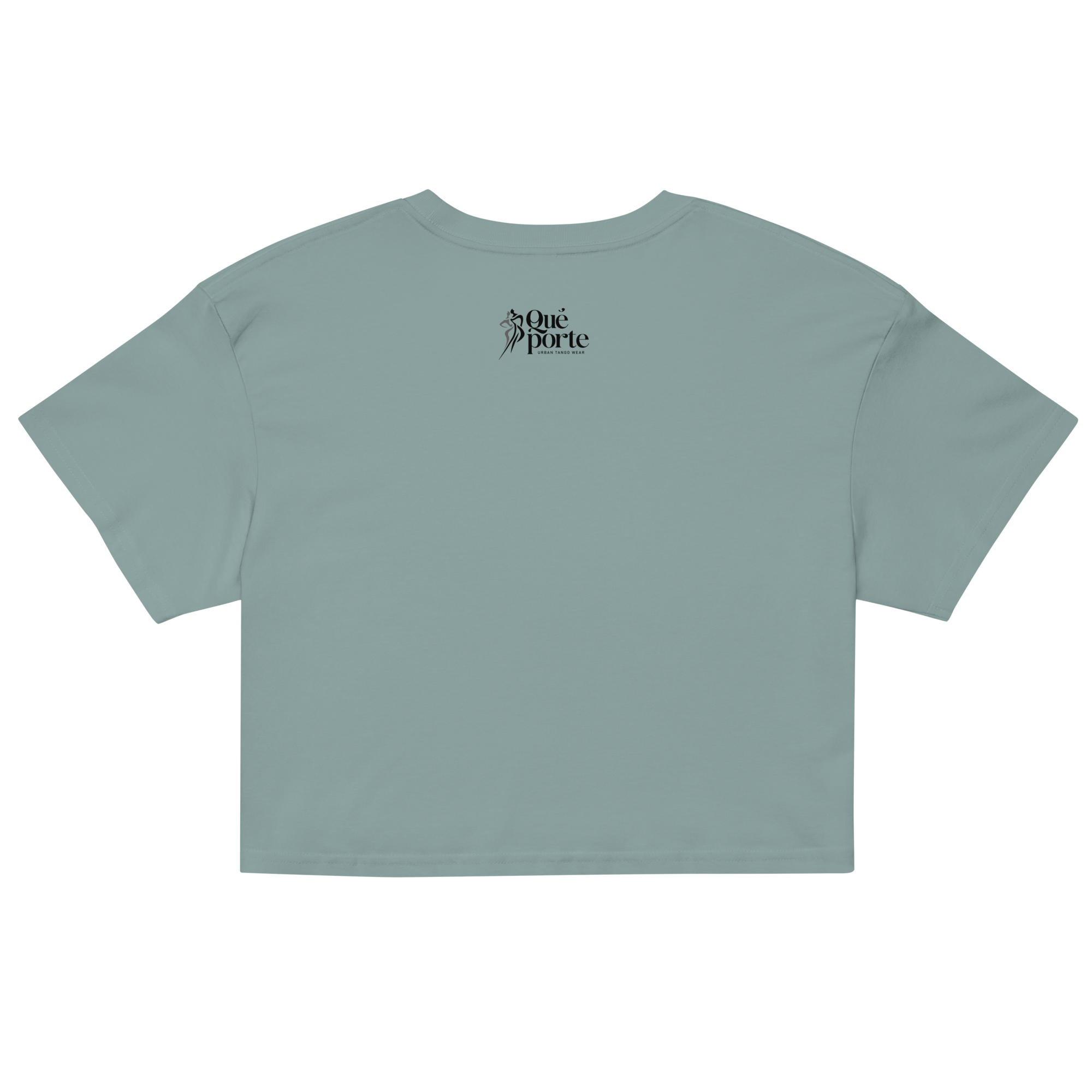 Light blue crop top with a brand logo on the back against a white background
