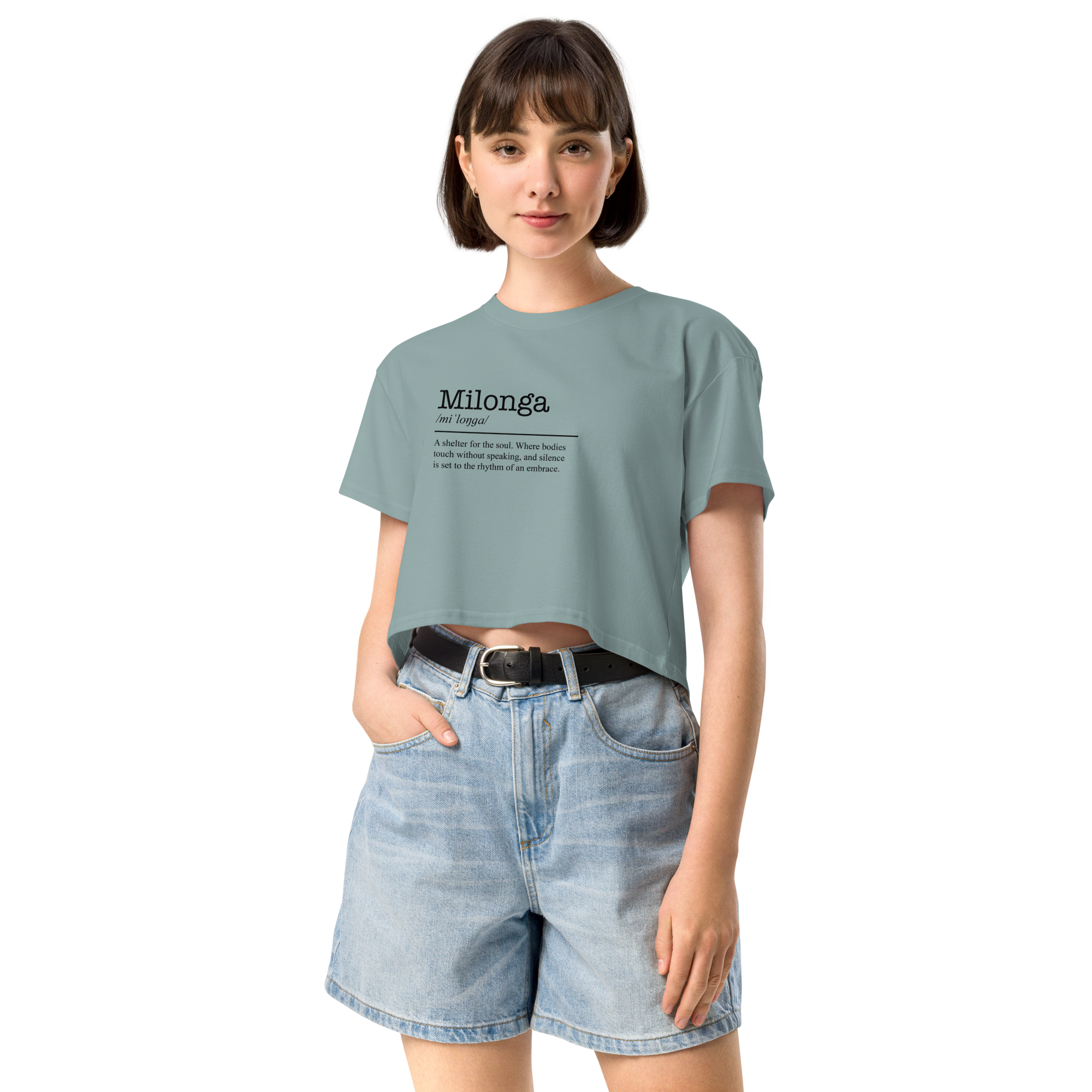 Women's mineral blue crop top front view