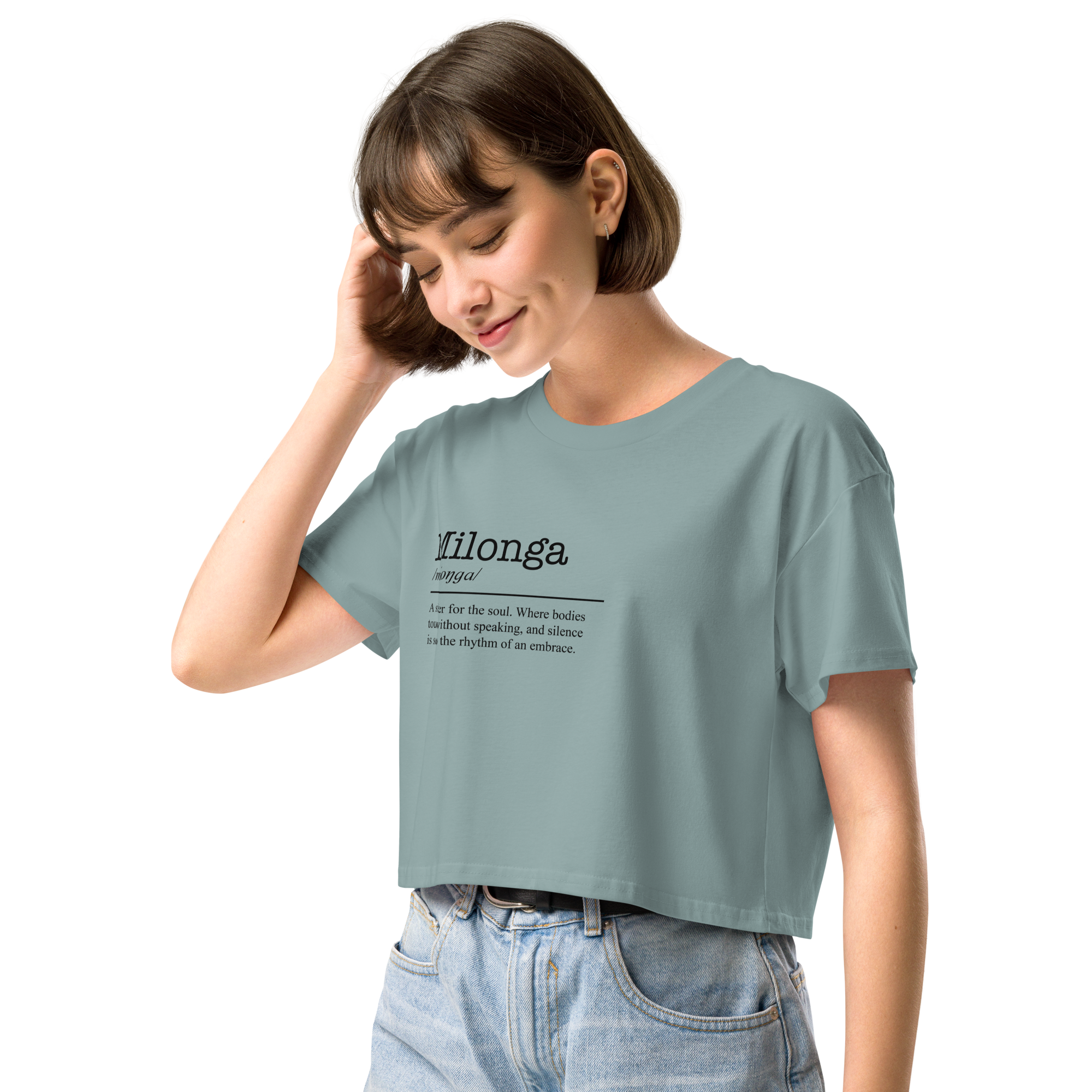 Women's mineral blue crop top left front view