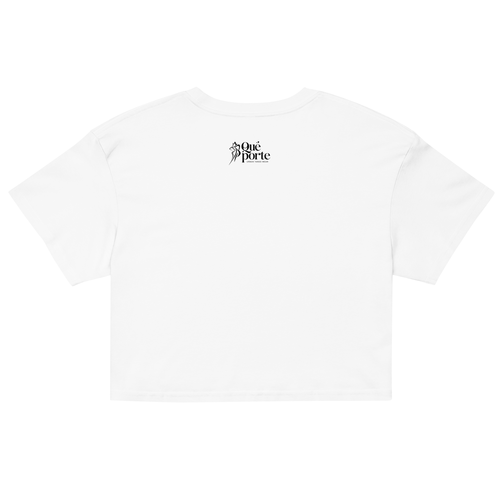 White t-shirt with a black logo on a white background