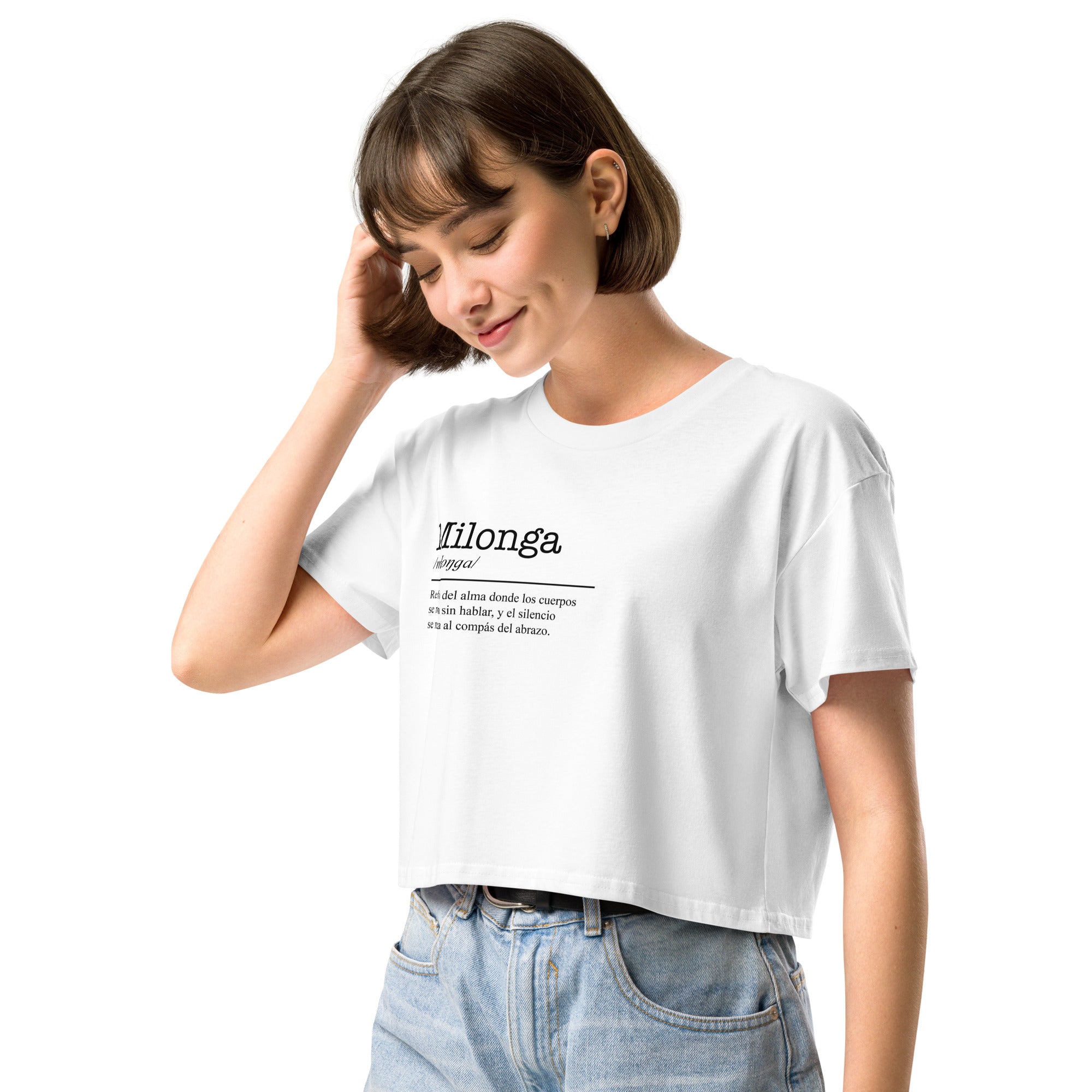 Woman wearing a white t-shirt with text on a white background