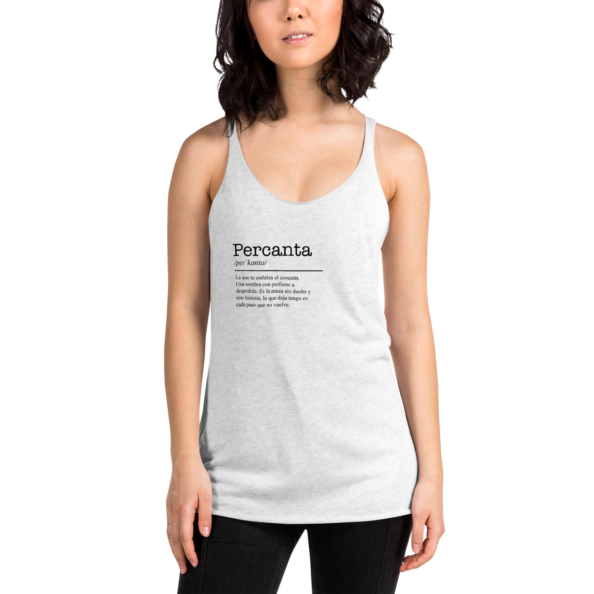 Women's white racerback tank top front view