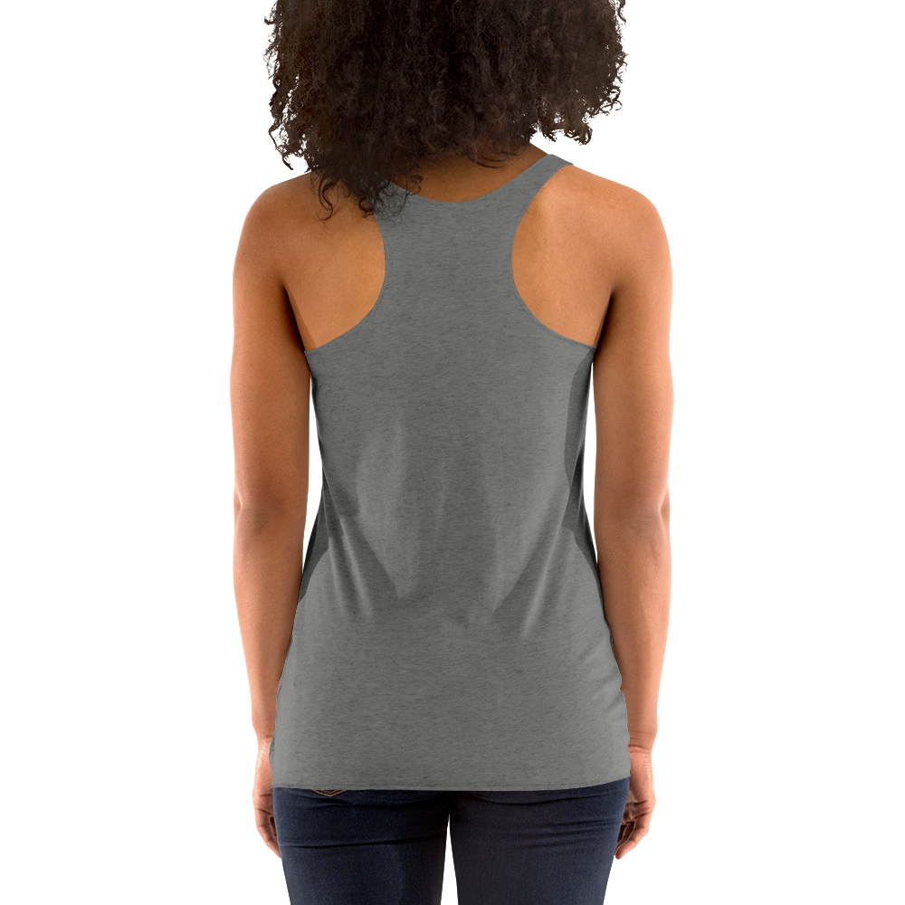Person wearing a gray tank top on a white background