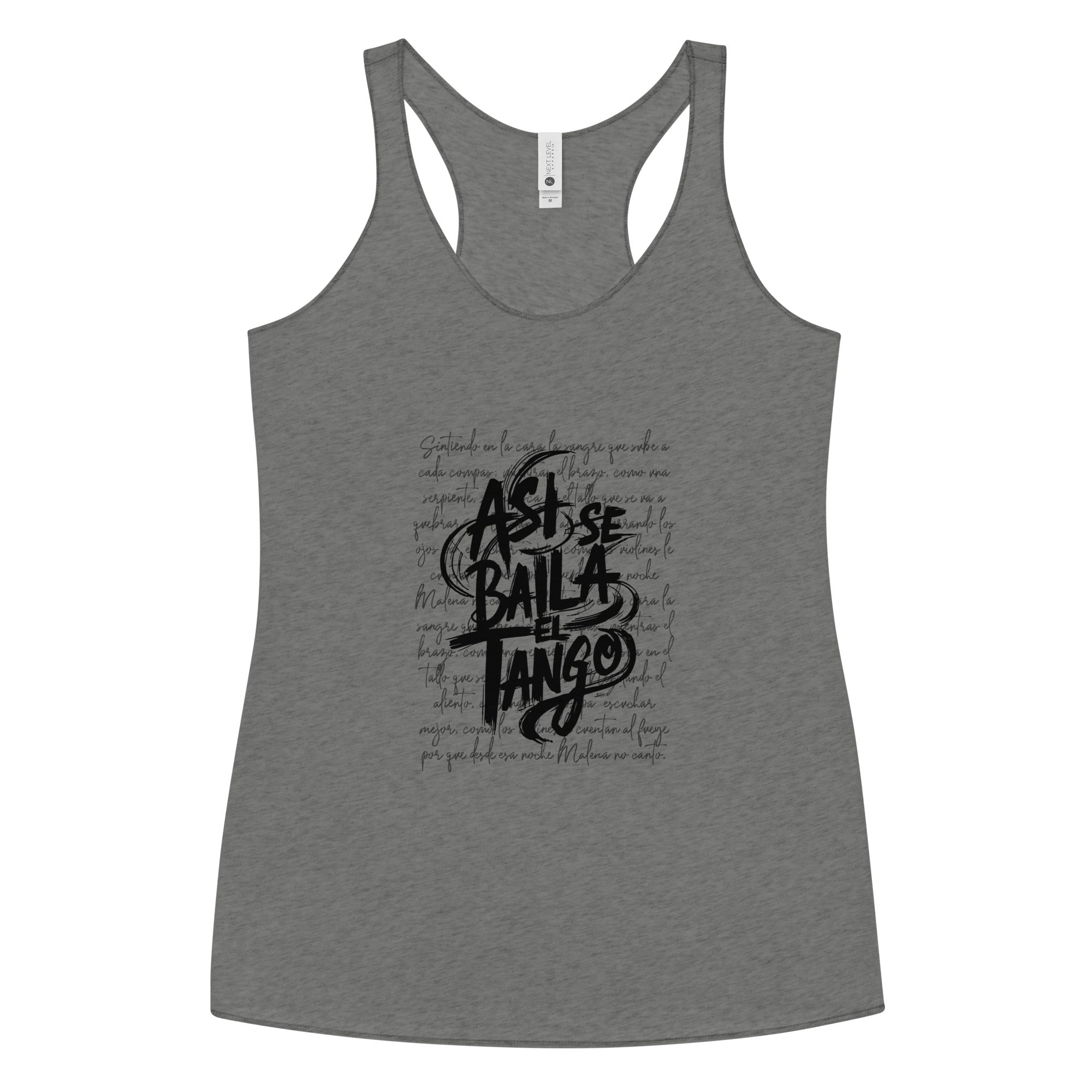 Gray tank top with black text design on a white background