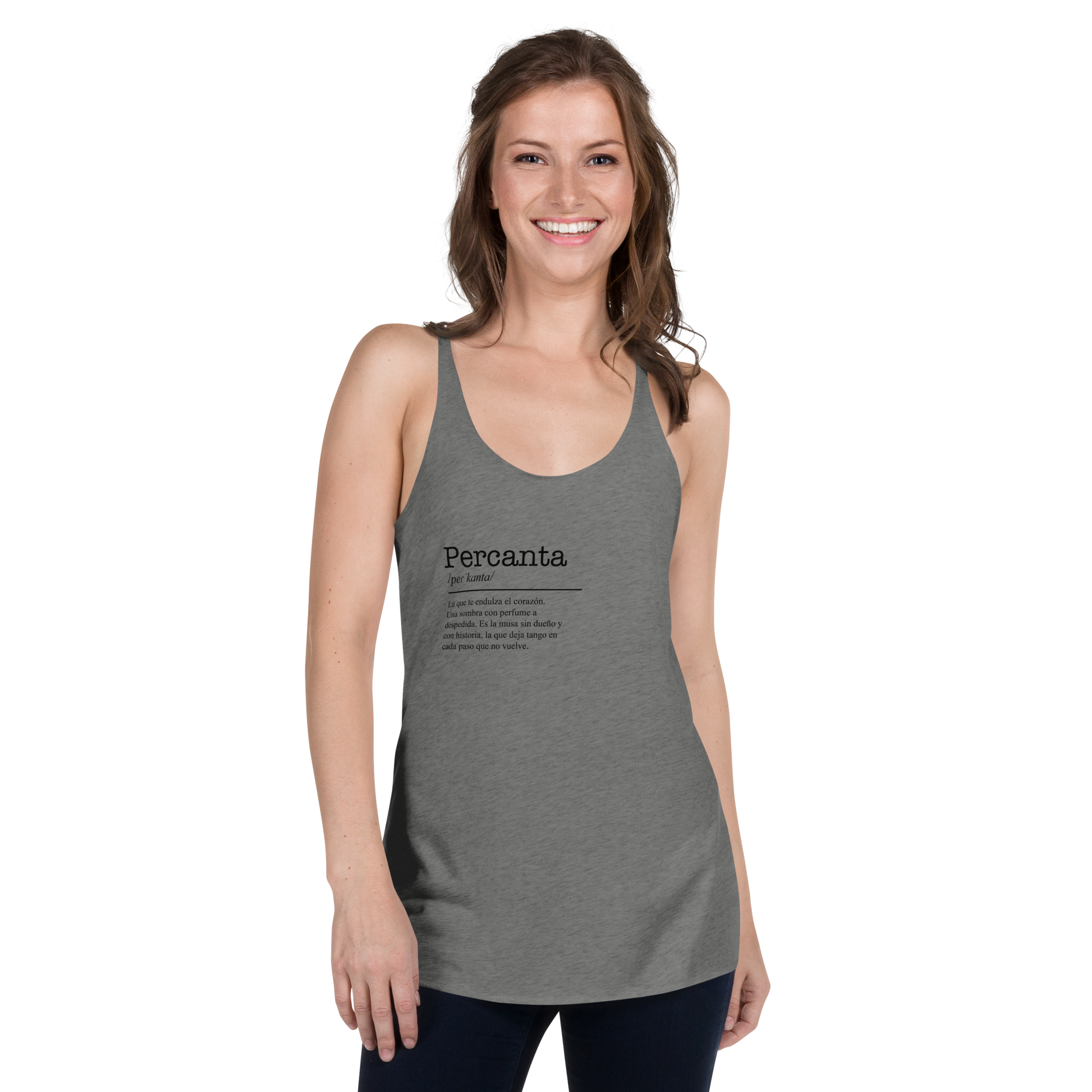 Woman wearing a gray tank top with 'Percanta' text on a white background
