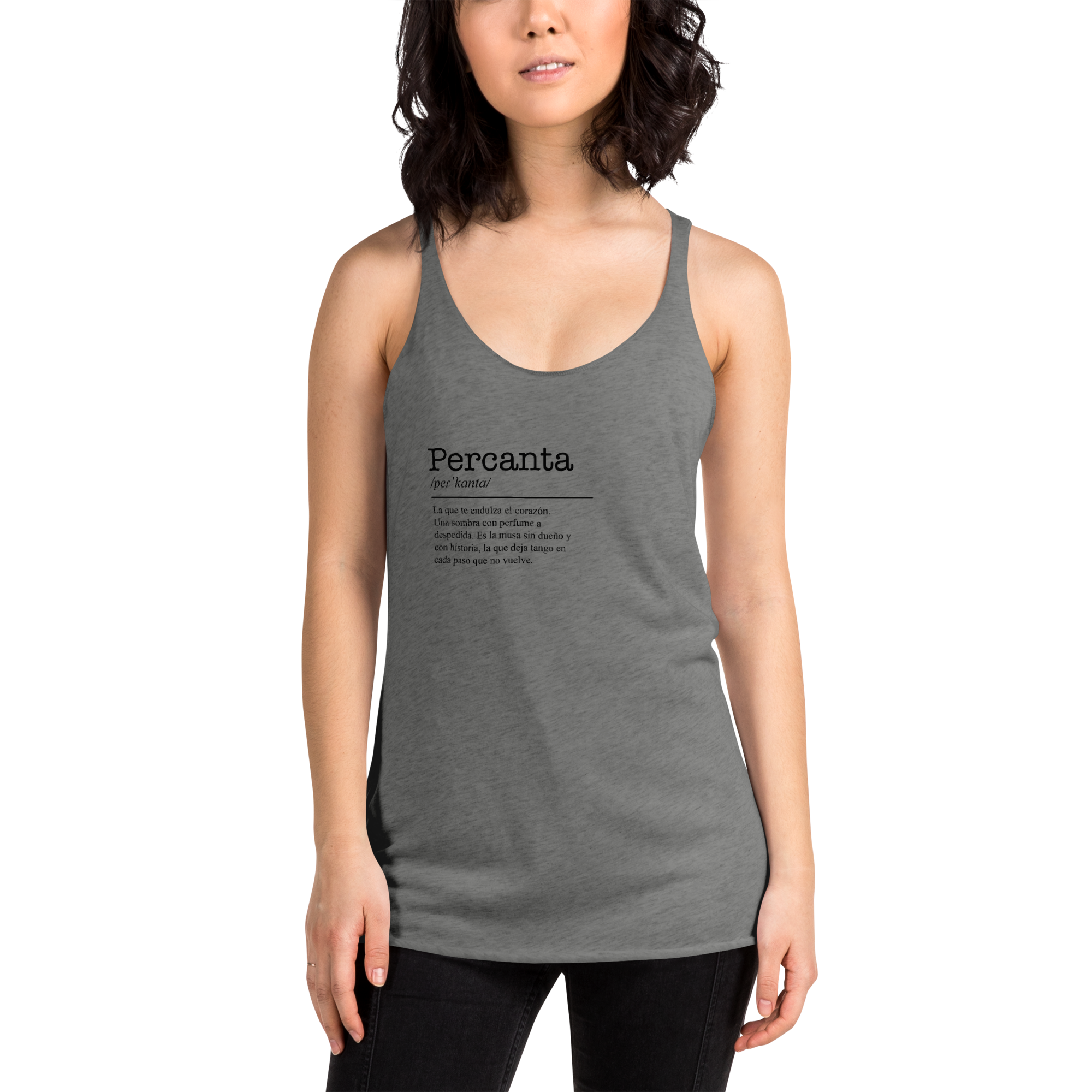 Woman wearing a gray tank top with 'Percanta' branding on a white background