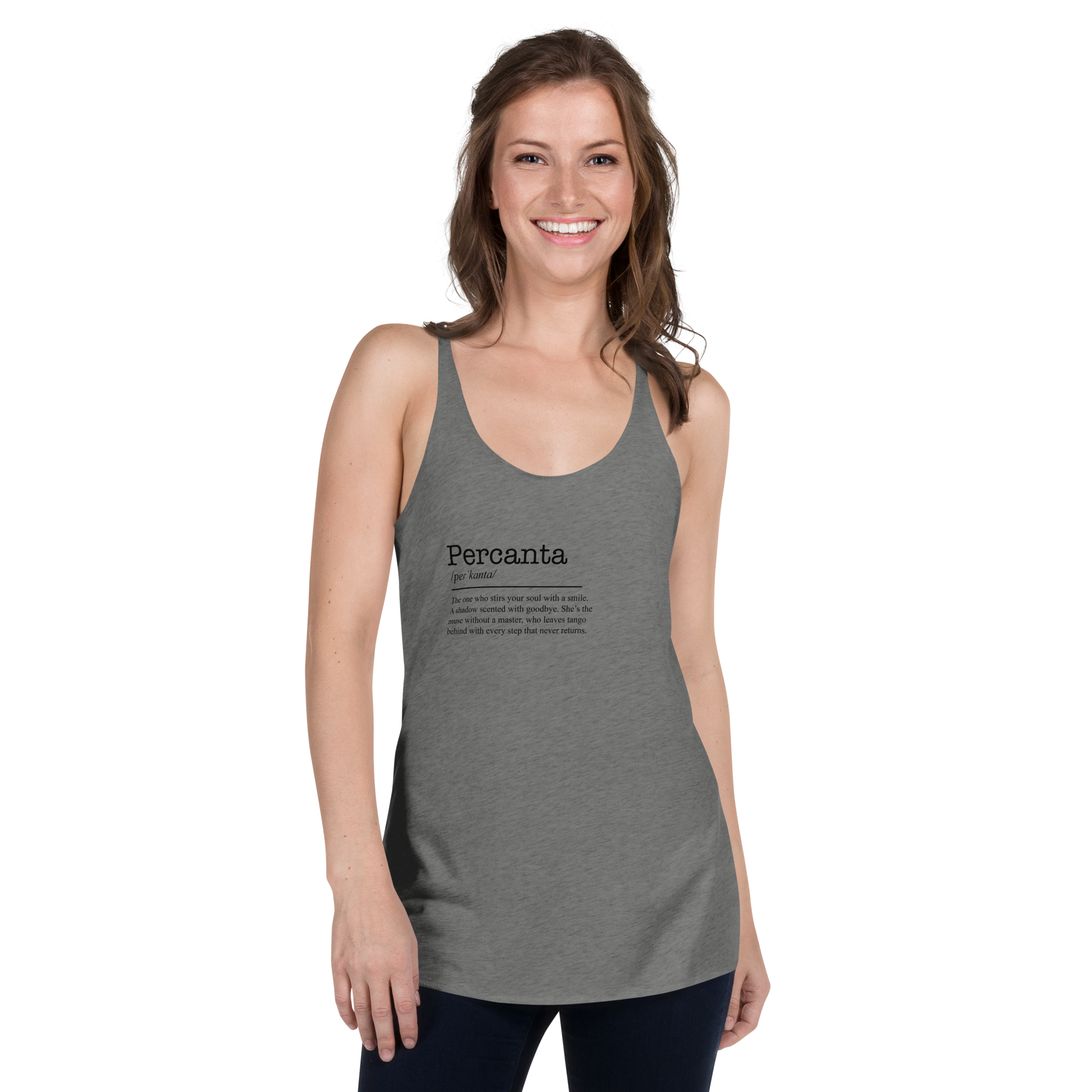 Women's heather gray racerback tank top front view