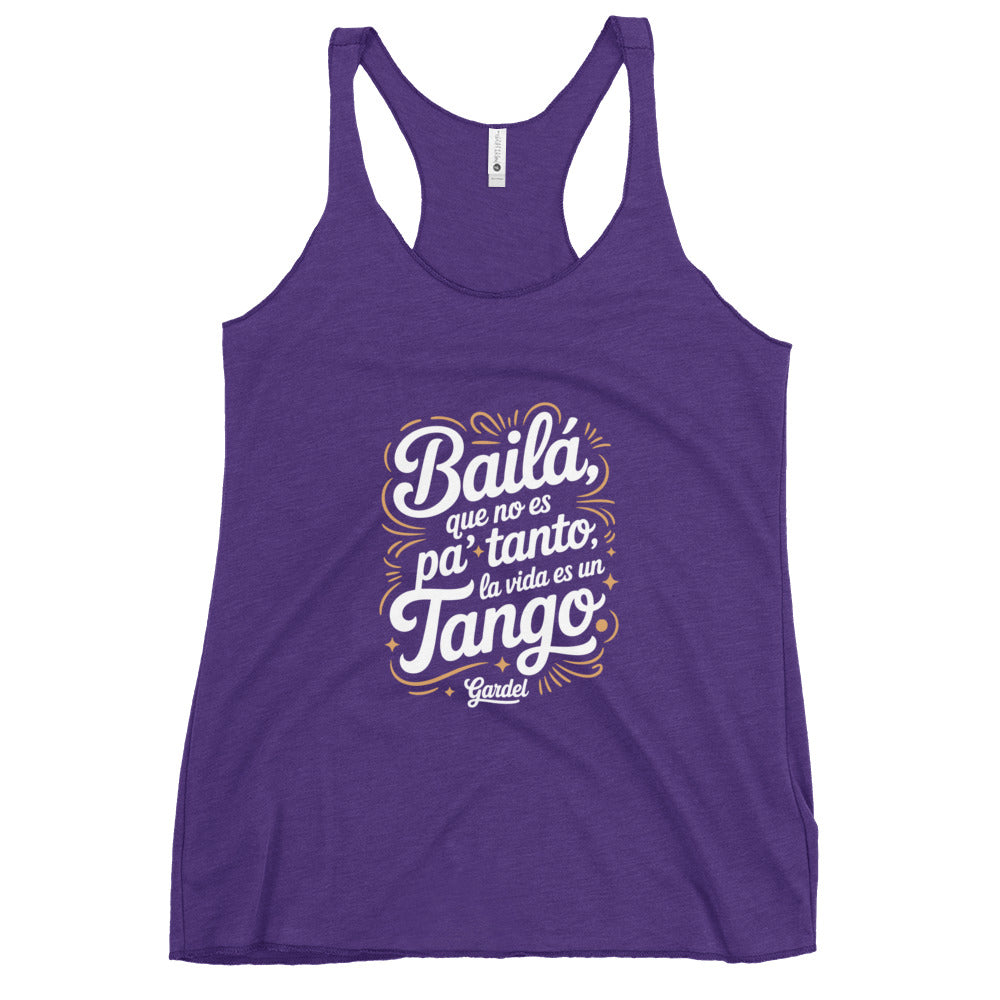 Purple tank top with Spanish text design on a white background