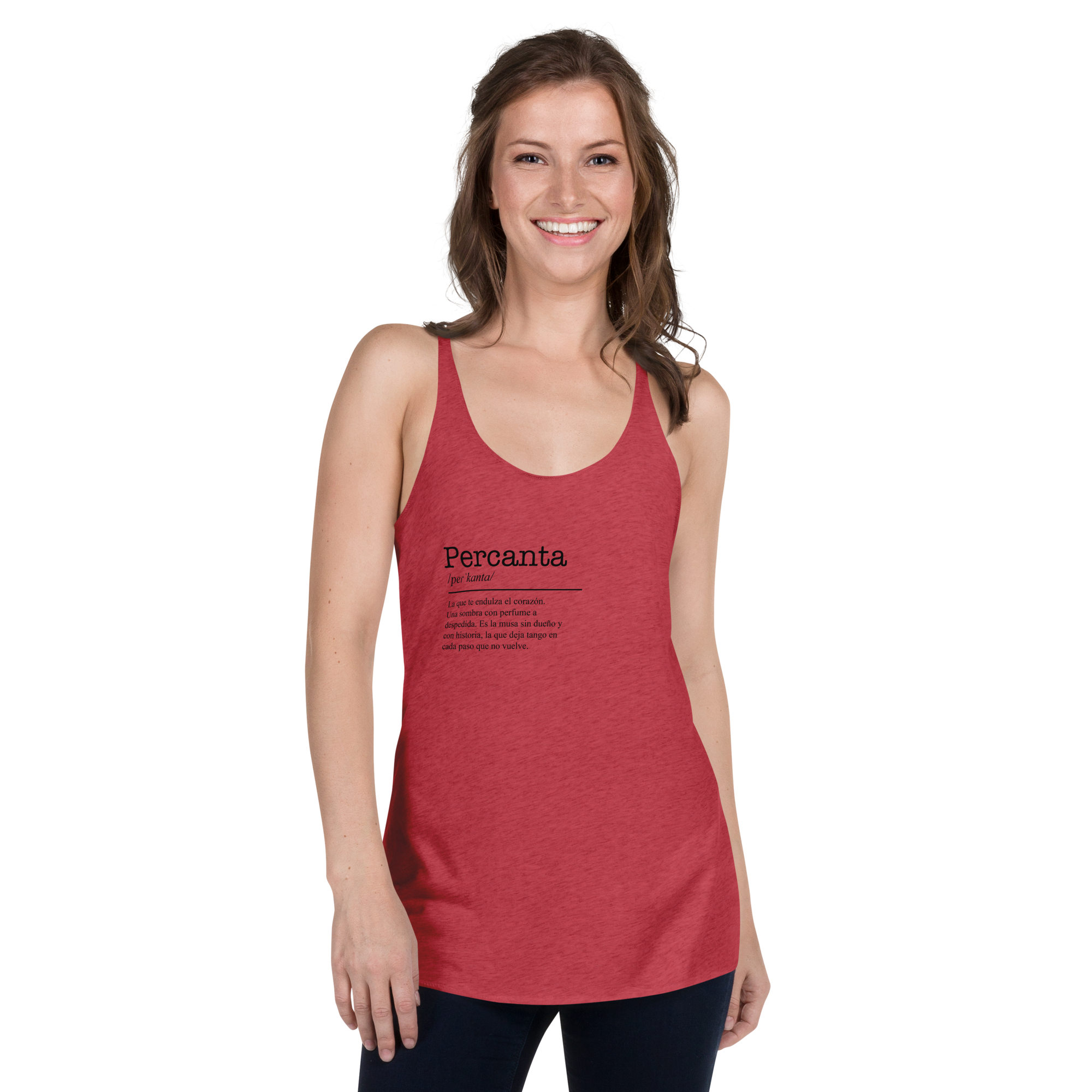 Woman wearing a red tank top with 'Percanta' branding on a white background