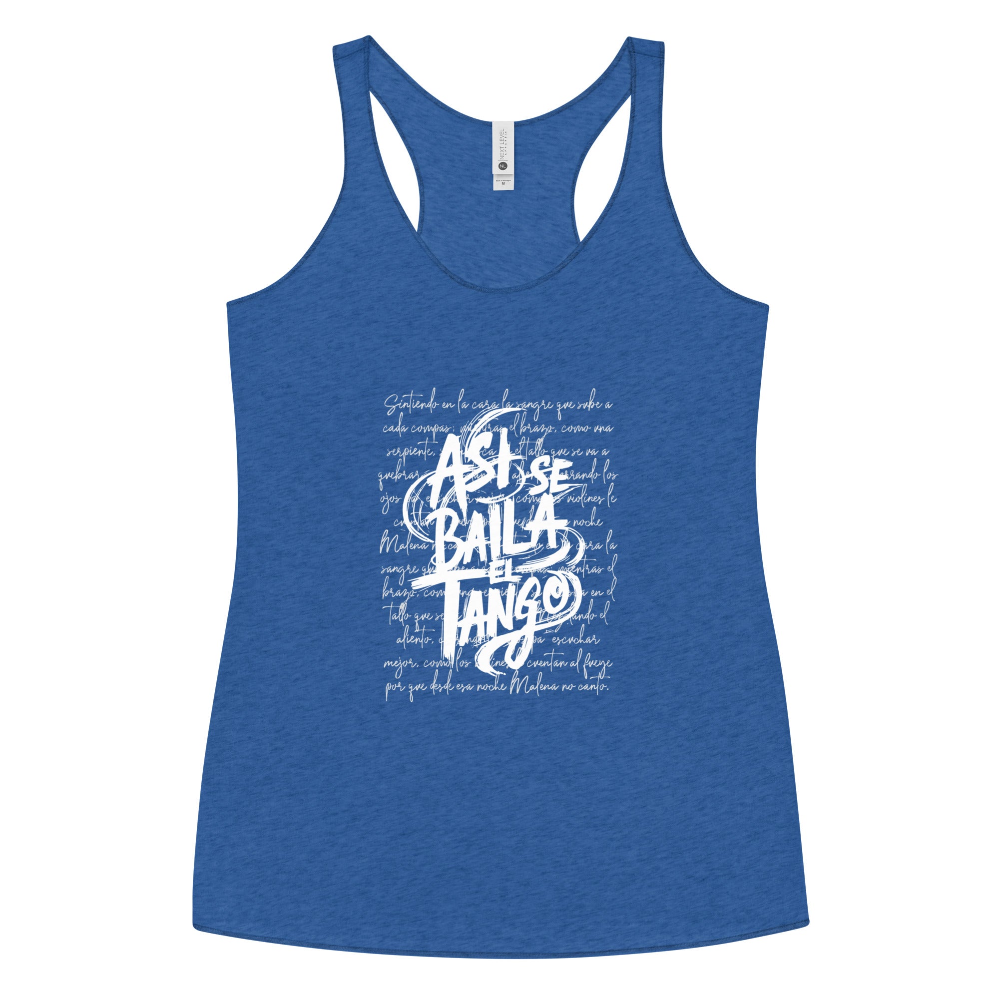 Blue tank top with white text on a white background
