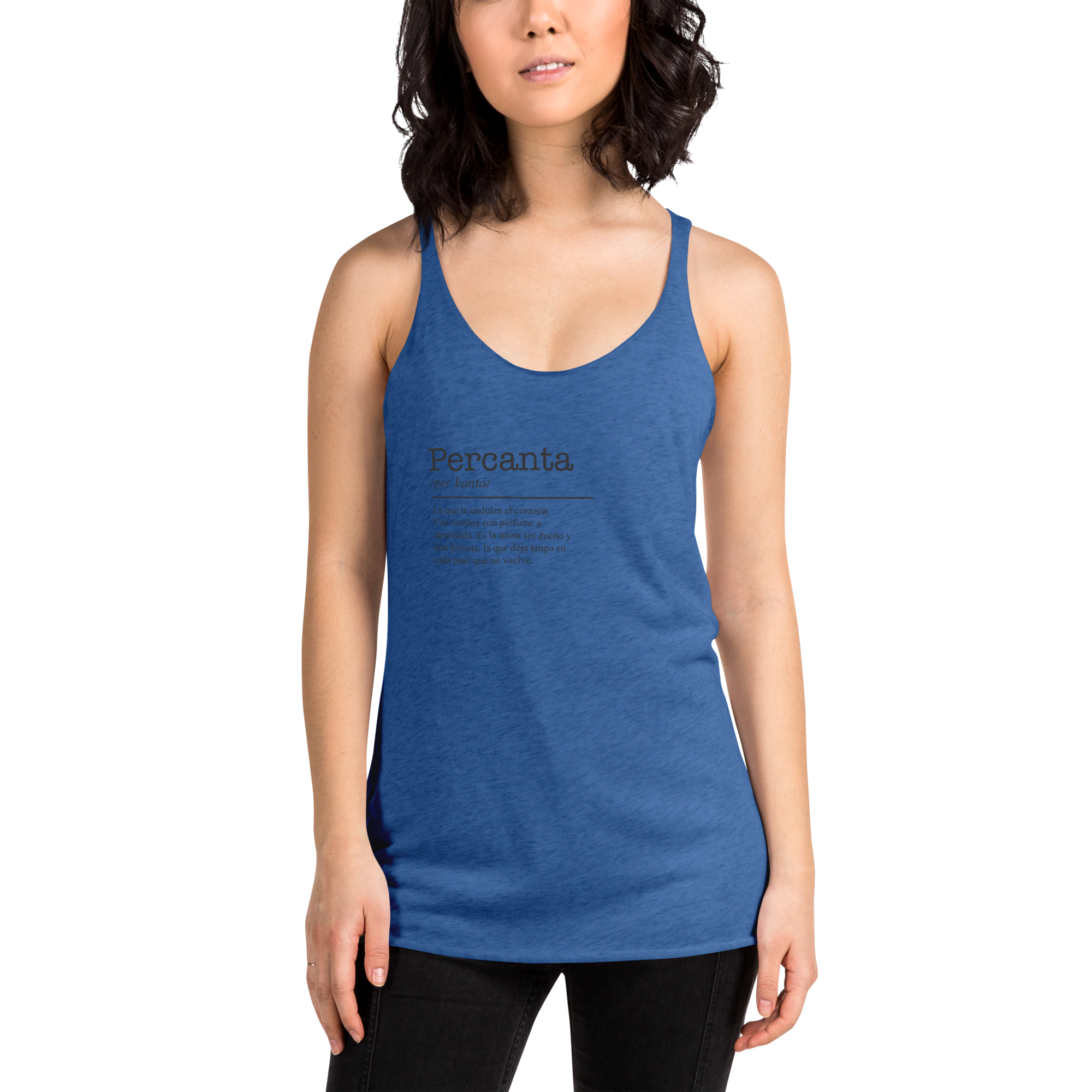 Woman wearing a blue tank top with text on a white background