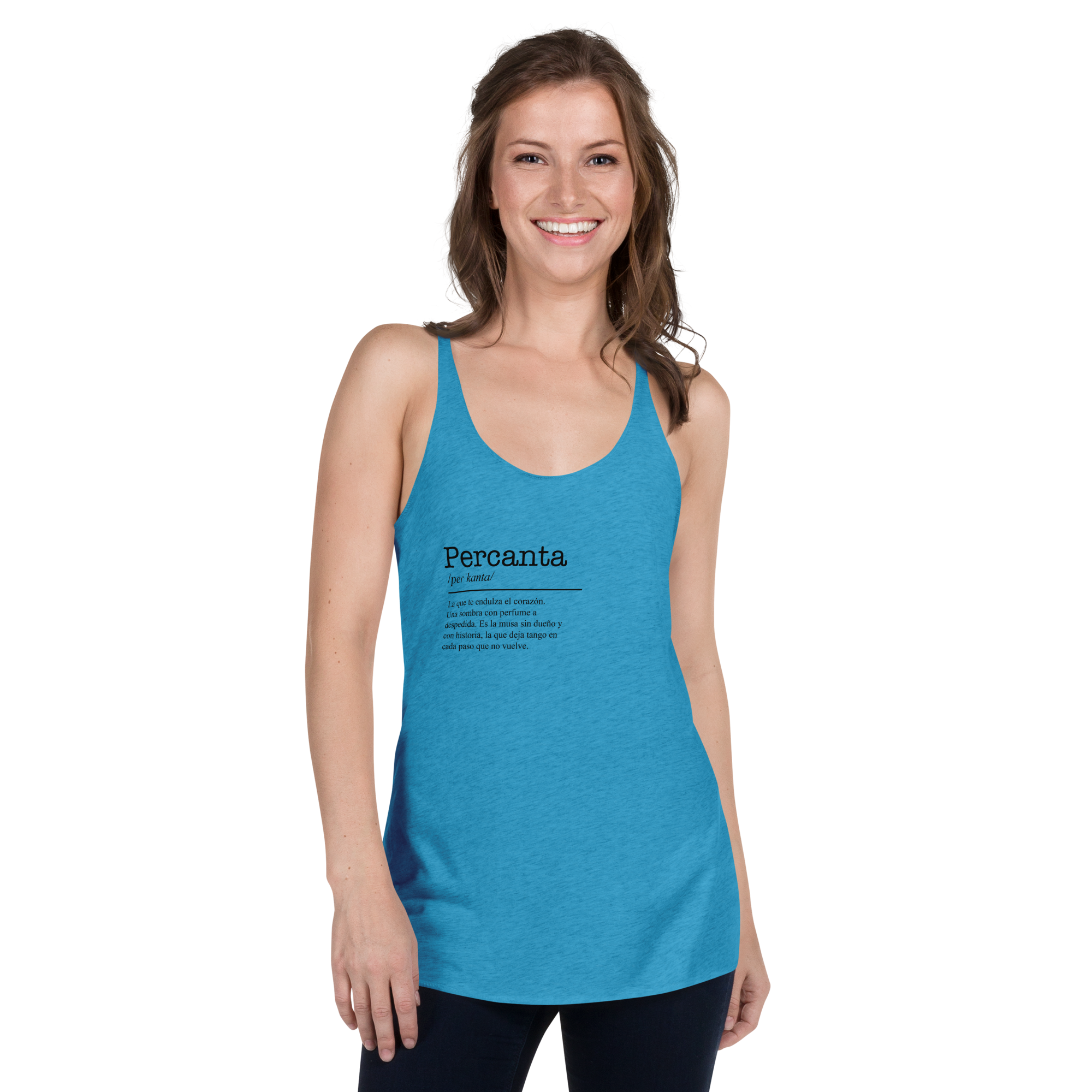 Women's turquoise racerback tank top front view