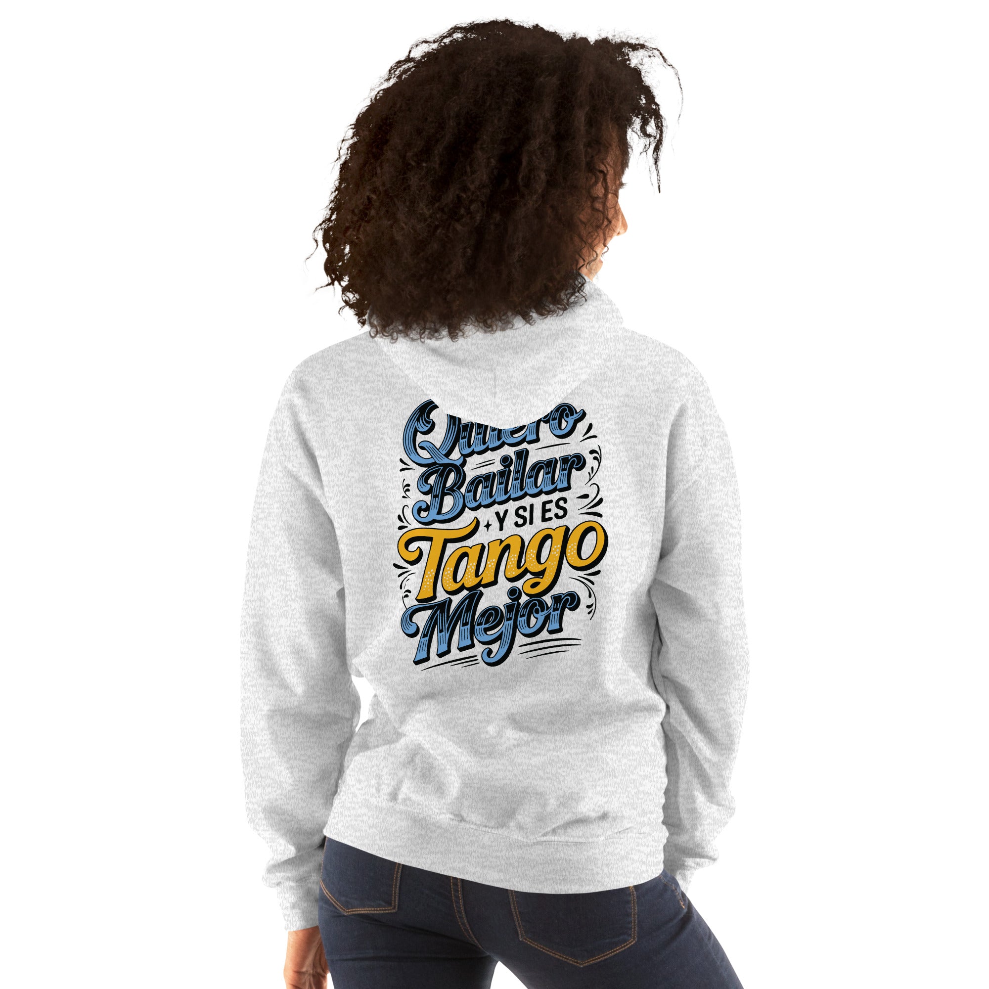 Person wearing a white sweatshirt with colorful text on the back, standing against a white background