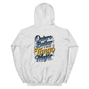 Gray hoodie with colorful text design on a white background