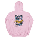 Pink hoodie with colorful text on a white background