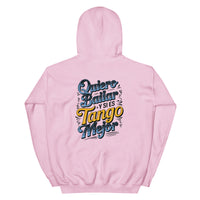 Pink hoodie with colorful text on a white background
