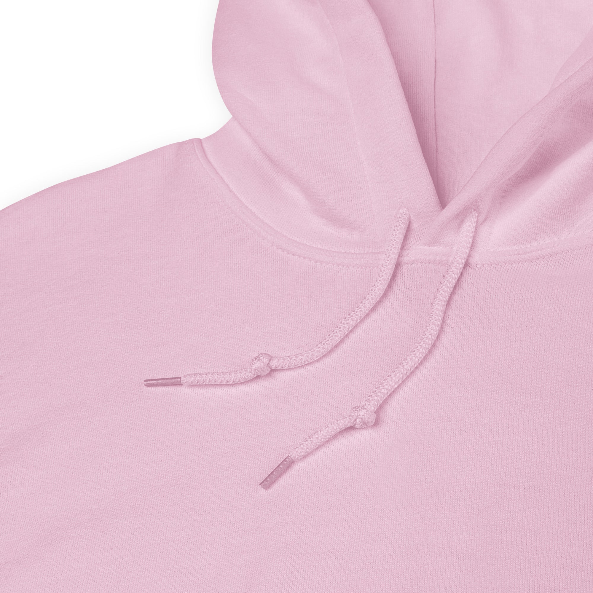 Close-up of a pink hoodie with a focus on the drawstring.