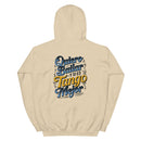 Beige hoodie with colorful text design on the back against a white background