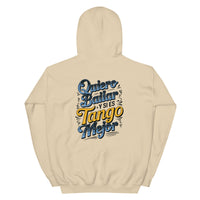 Beige hoodie with colorful text design on the back against a white background