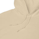 Close-up of a beige hoodie with a focus on the hood and drawstring.