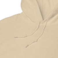 Close-up of a beige hoodie with a focus on the hood and drawstring.