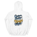 White hoodie with colorful text design on a white background