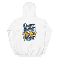 White hoodie with colorful text design on a white background