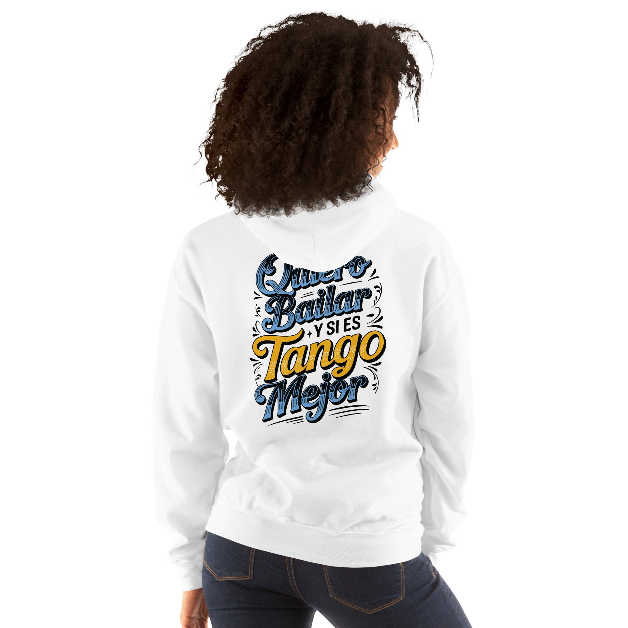 Person wearing a white sweatshirt with colorful text on the back against a white background