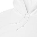 Close-up of a white hoodie with a focus on the hood and drawstring.