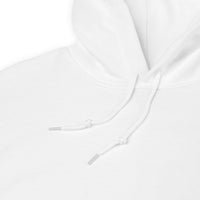 Close-up of a white hoodie with a focus on the hood and drawstring.