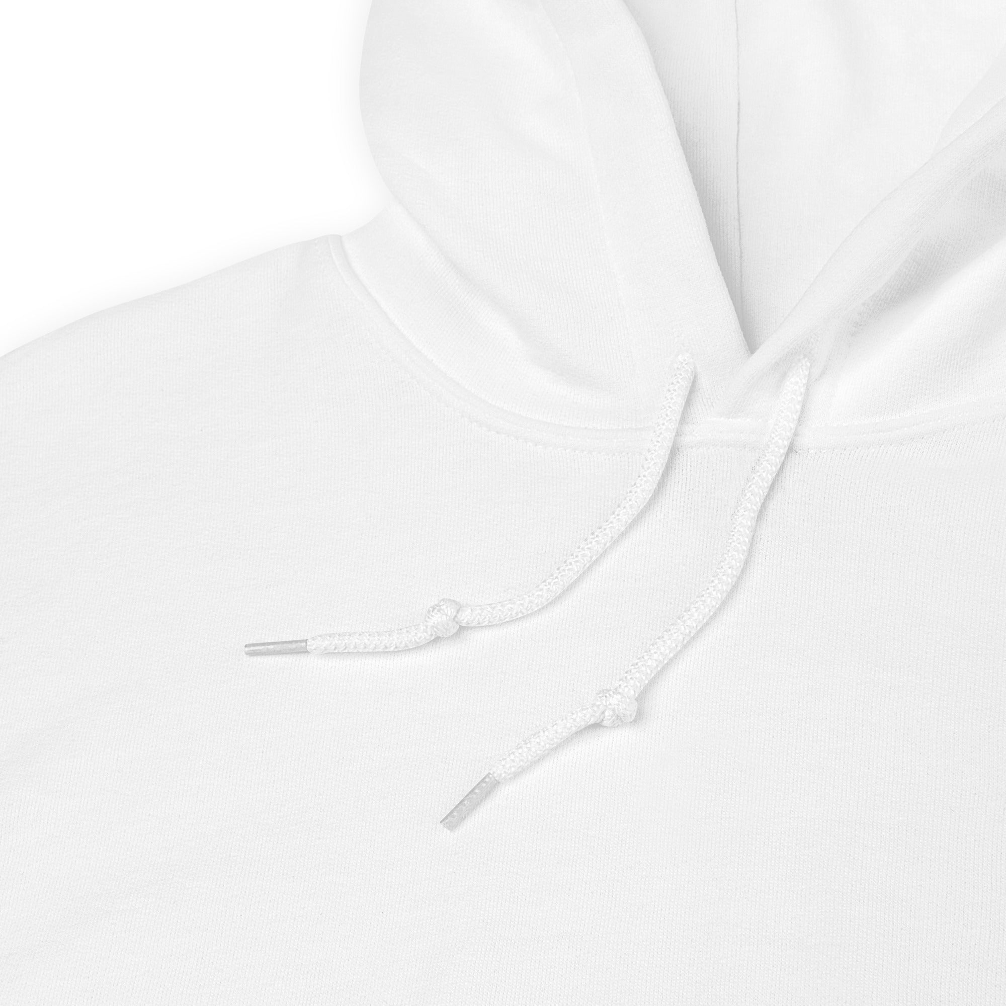 Close-up of a white hoodie with a focus on the hood and drawstring.