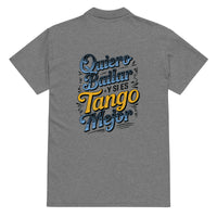 Gray t-shirt with colorful text design on the back against a white background