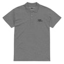 Gray polo shirt with a logo on the chest against a white background