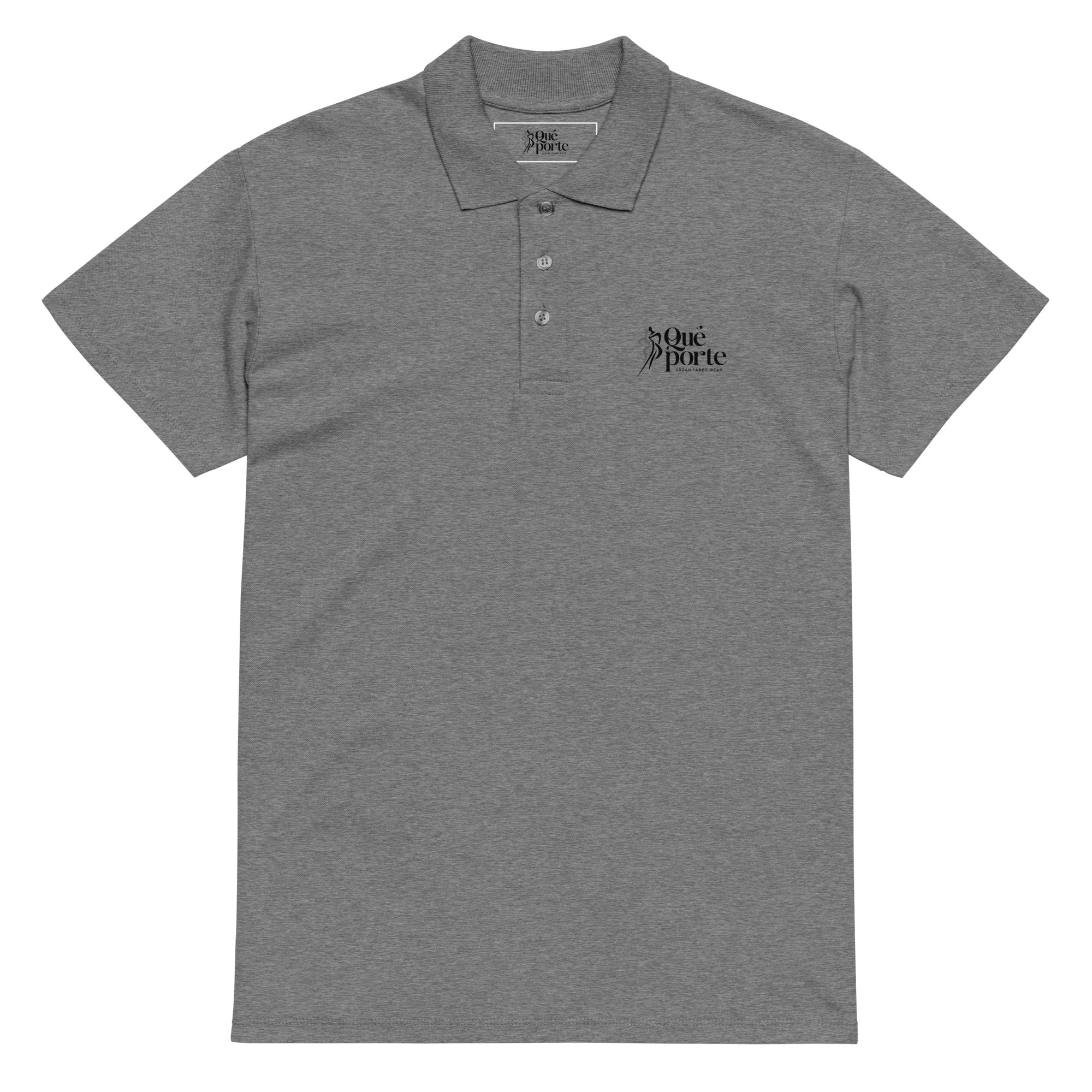 Gray polo shirt with a logo on the chest against a white background