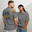 Two people wearing gray polo shirts with text and logos on a plain background