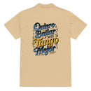 Beige t-shirt with colorful text design on the back against a white background