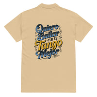 Beige t-shirt with colorful text design on the back against a white background