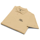 Beige polo shirt with a logo on a white background
