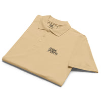 Beige polo shirt with a logo on a white background