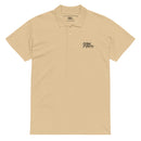 Beige polo shirt with a logo on the chest against a white background