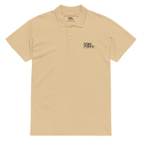 Beige polo shirt with a logo on the chest against a white background