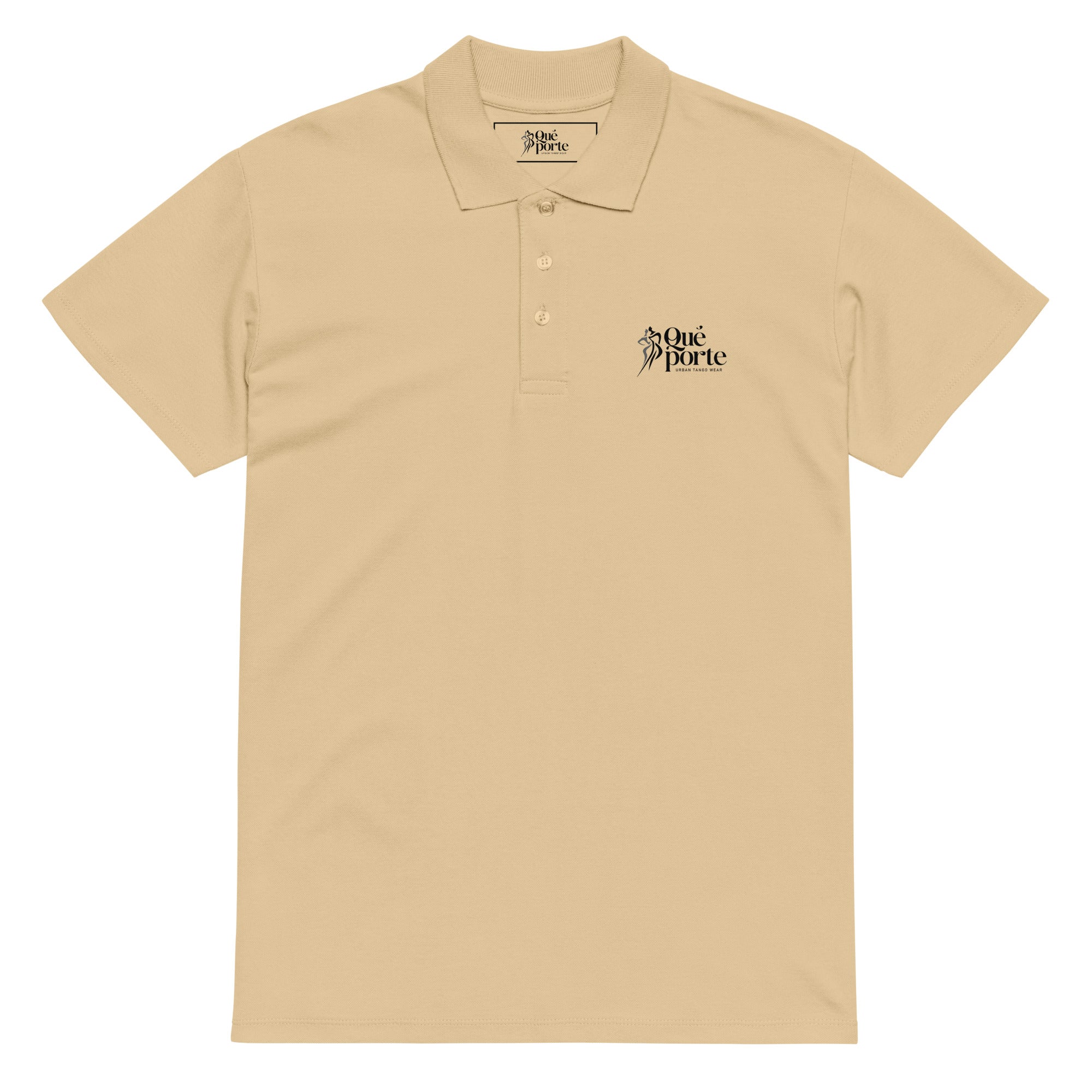 Beige polo shirt with a logo on the chest against a white background